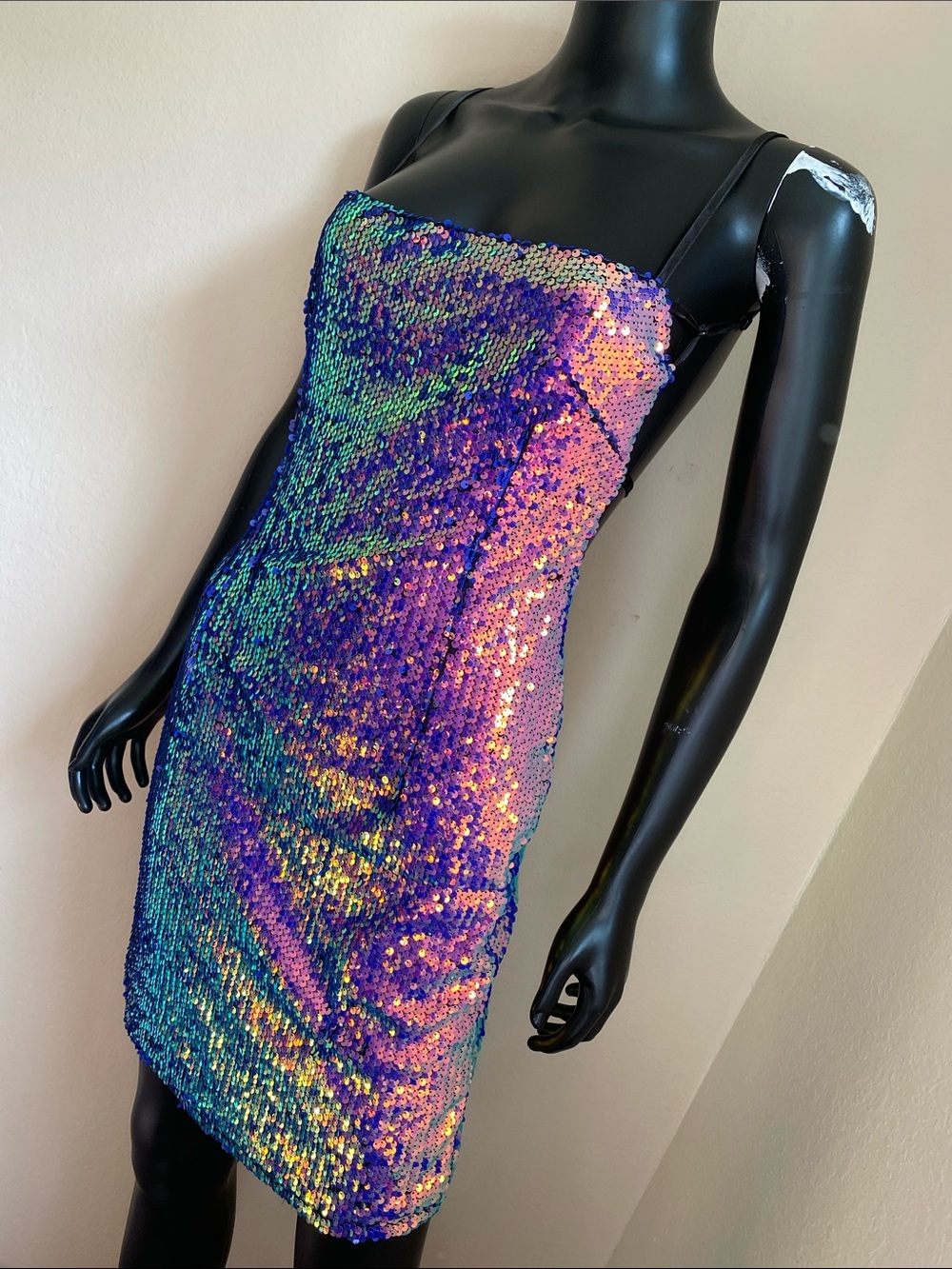 Iridescent Multi-Sequin Cowl Midi Dress - Black Straps - Picture 4 of 12